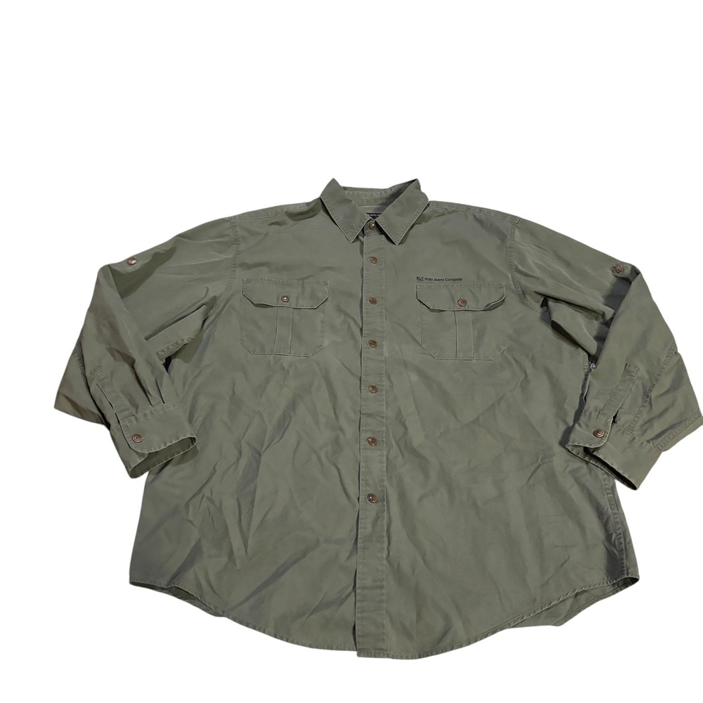 Polo Jeans Co Ralph Lauren Mens XL Olive Green Military Roll Tab Button Shirt